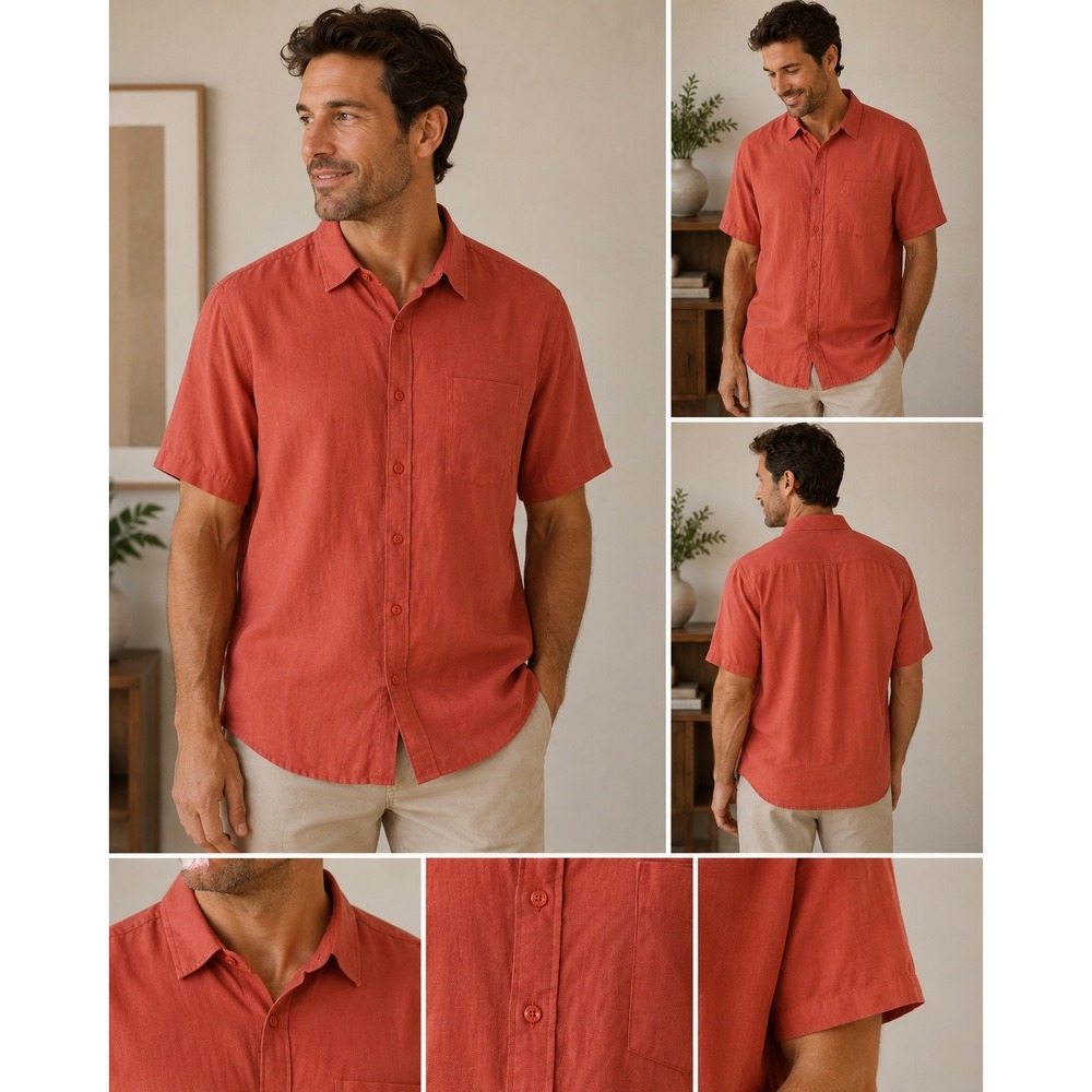 TravelSmith Mens XXL Burnt Orange 100% Silk Short Sleeve Button Down Shirt 7697